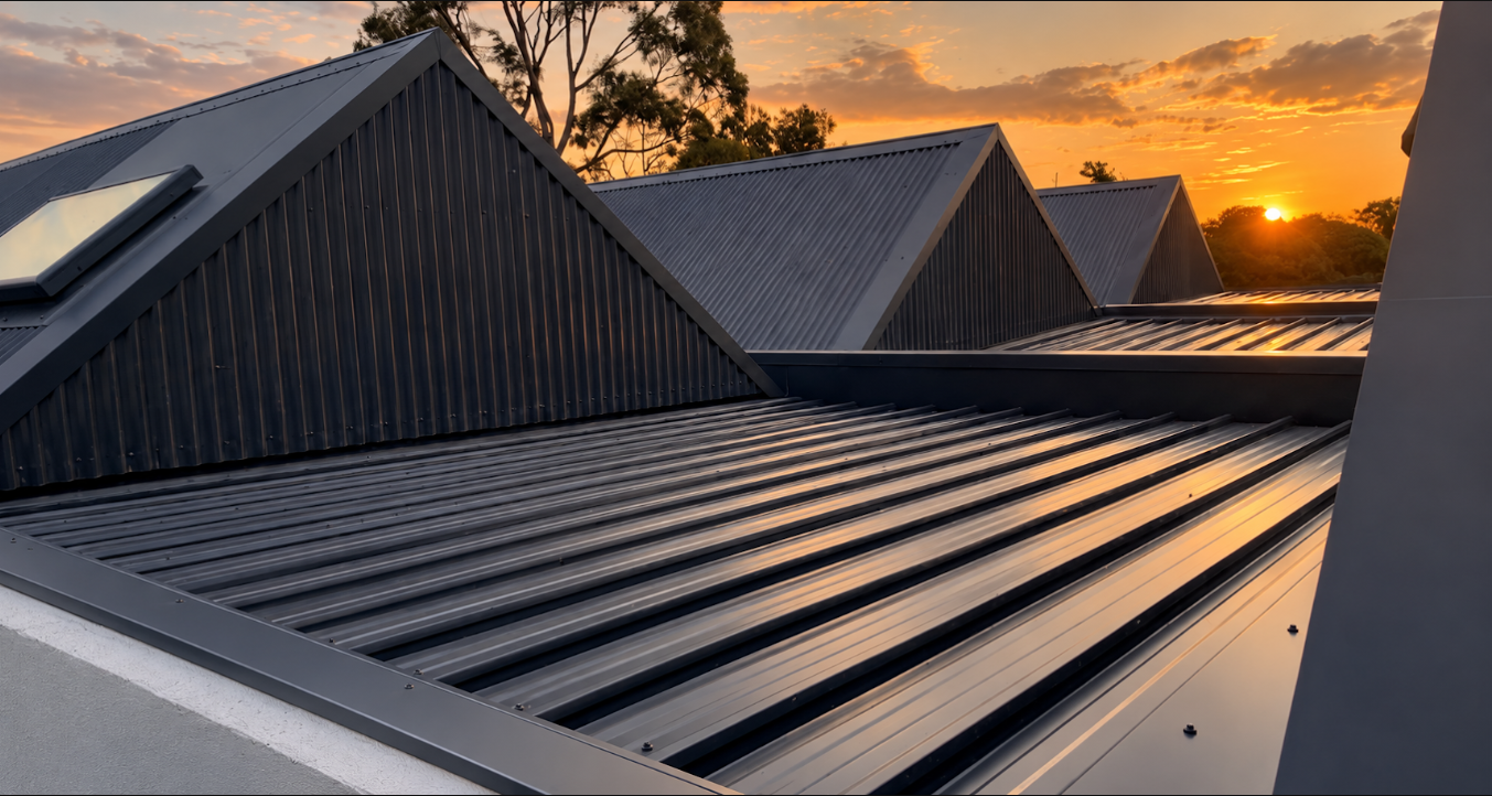 Dark metal roof with architectural gables and custom flashings at sunset